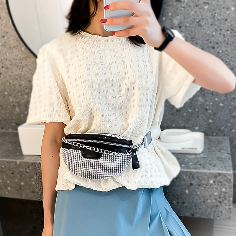Glittering Rhinestone Fanny Pack with Chain Detail - Stylish Women’s Crossbody Waist Bag, White, Adjustable Strap, Zipper Closure, Perfect for Casual or Festive Occasions, Versatile Crossbody | Rhinestone Embellished | Adju